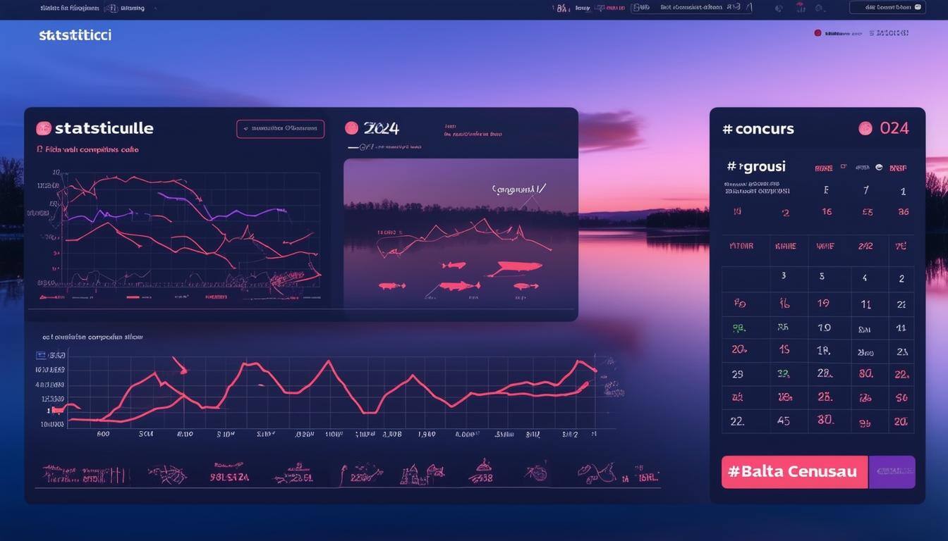 The image depicts a digital dashboard displaying statistics from fishing competitions held in 2024-1